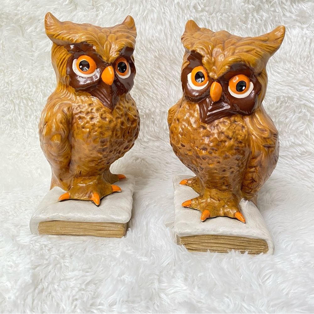 Vintage 1976 Set Of Ceramic Owl Bookends Decor